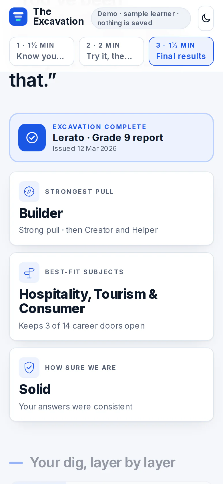 A sample learner report on a phone, showing the strongest pull and best-fit subjects
