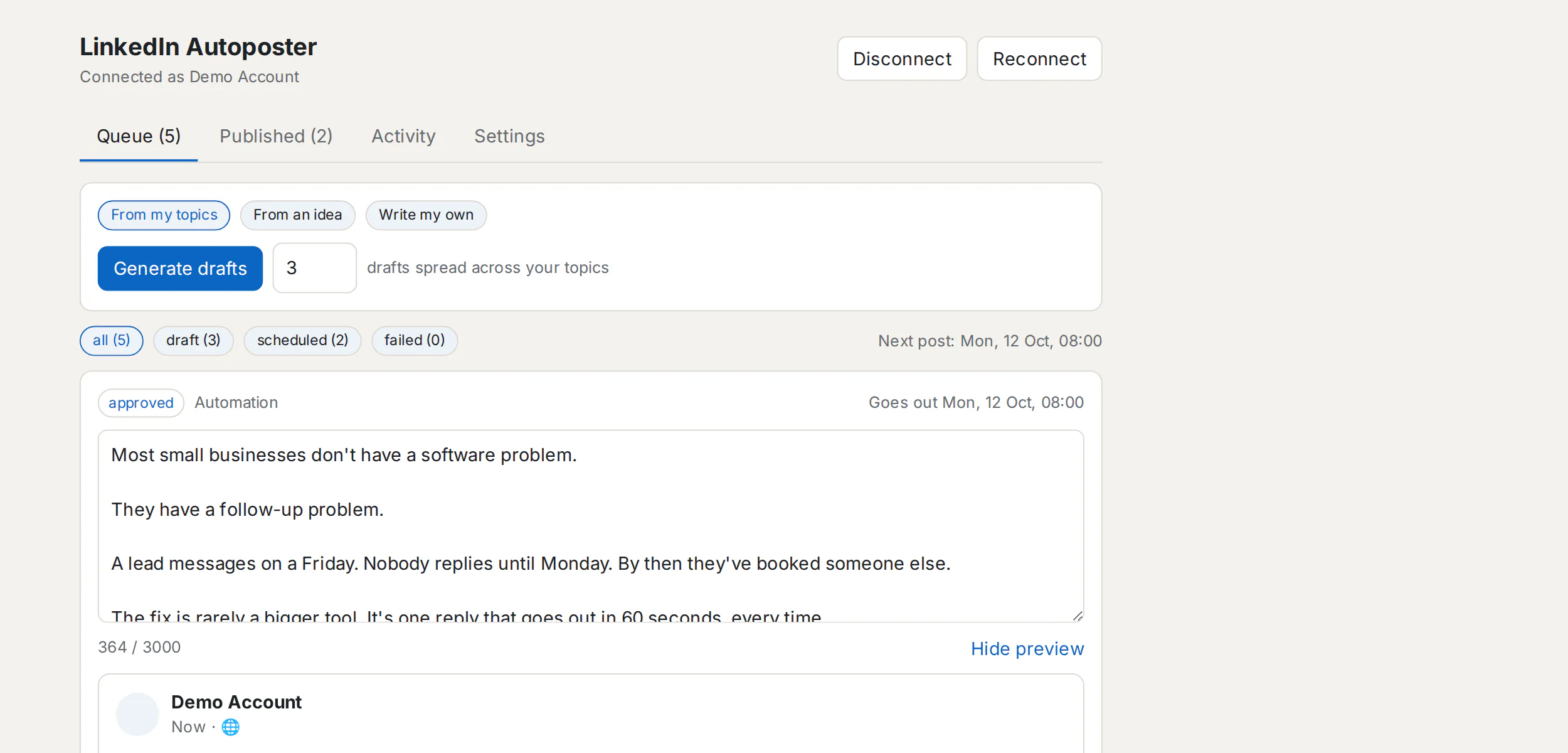 The LinkedIn Autoposter queue with a scheduled post and its LinkedIn preview