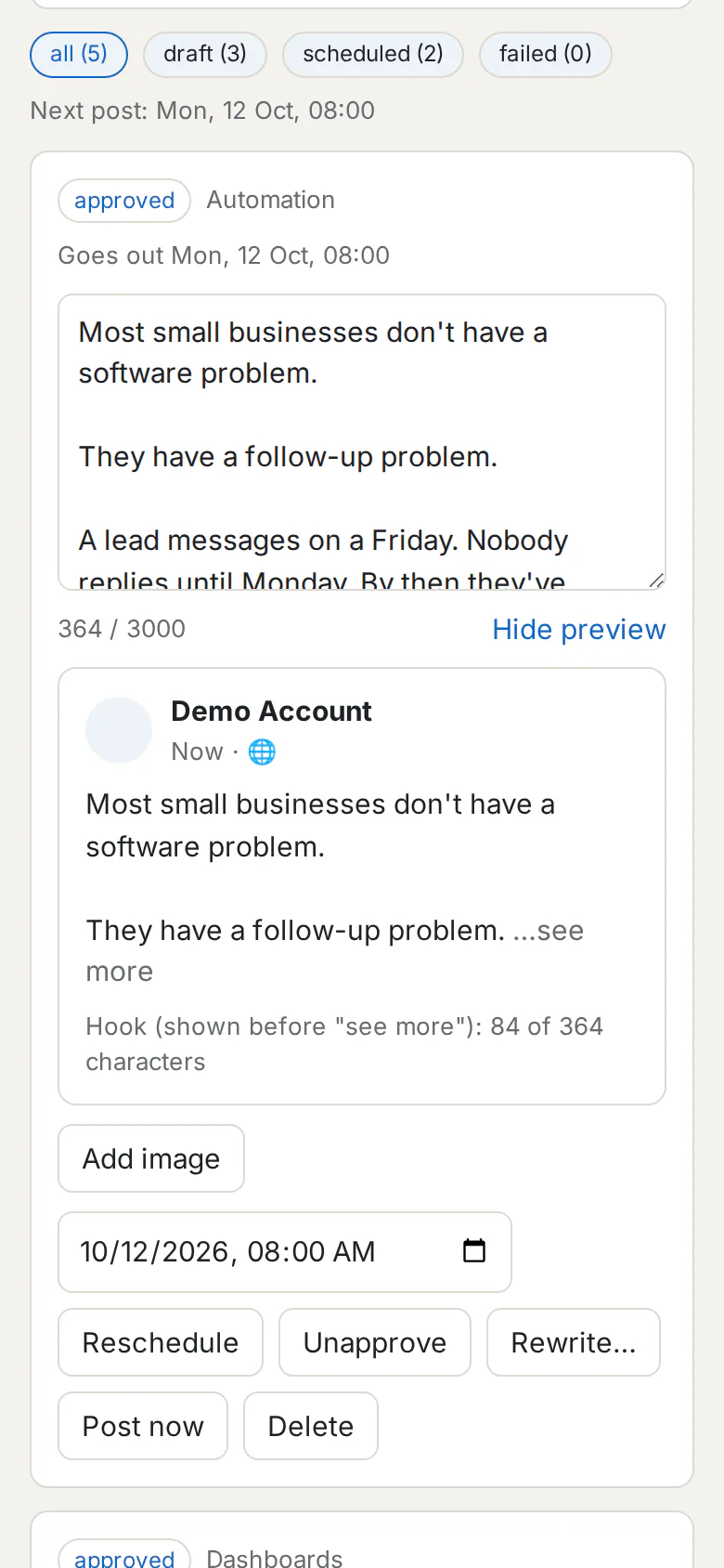 A scheduled post with its LinkedIn preview, on a phone