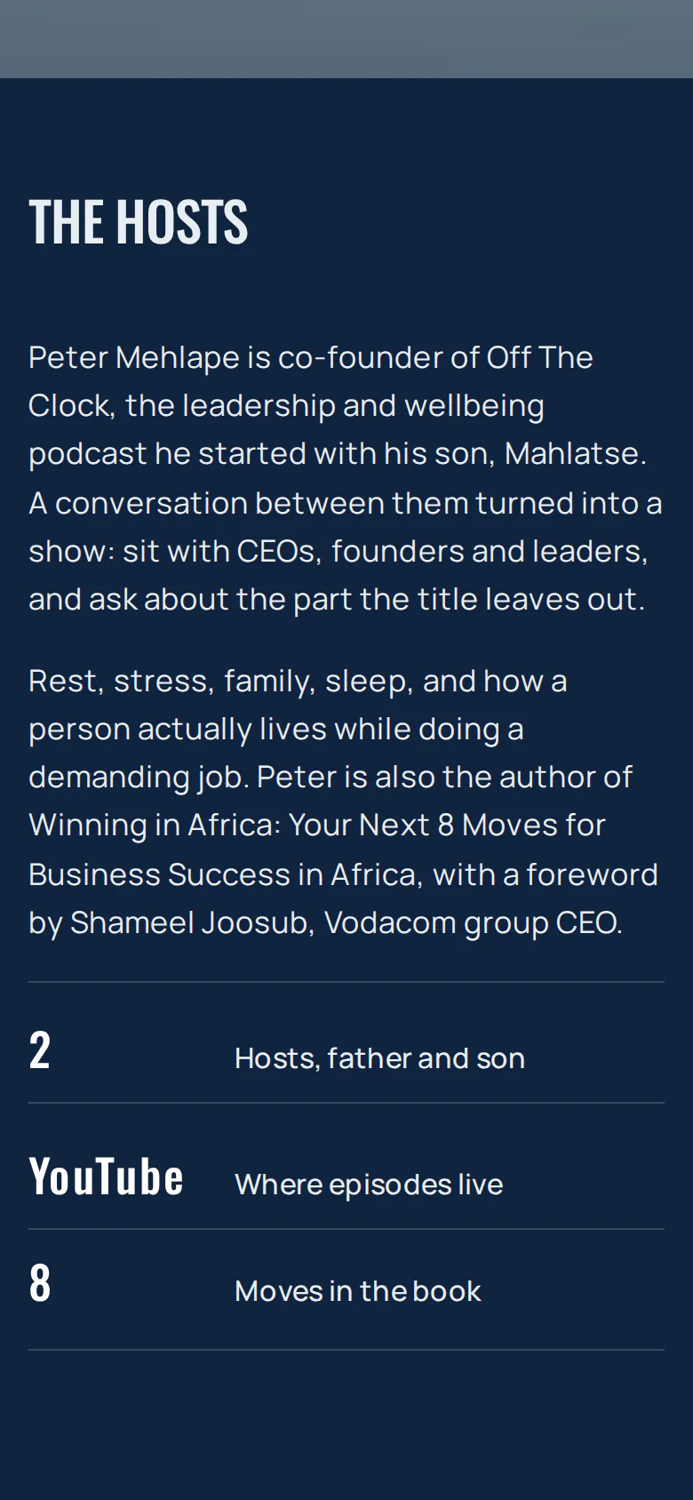 The hosts section of the same site on a phone