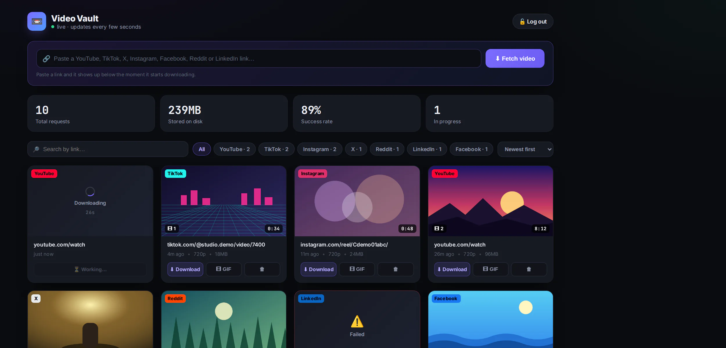 Video Vault dashboard: a paste-a-link bar, download stats and a grid of saved videos from YouTube, TikTok, Instagram and more