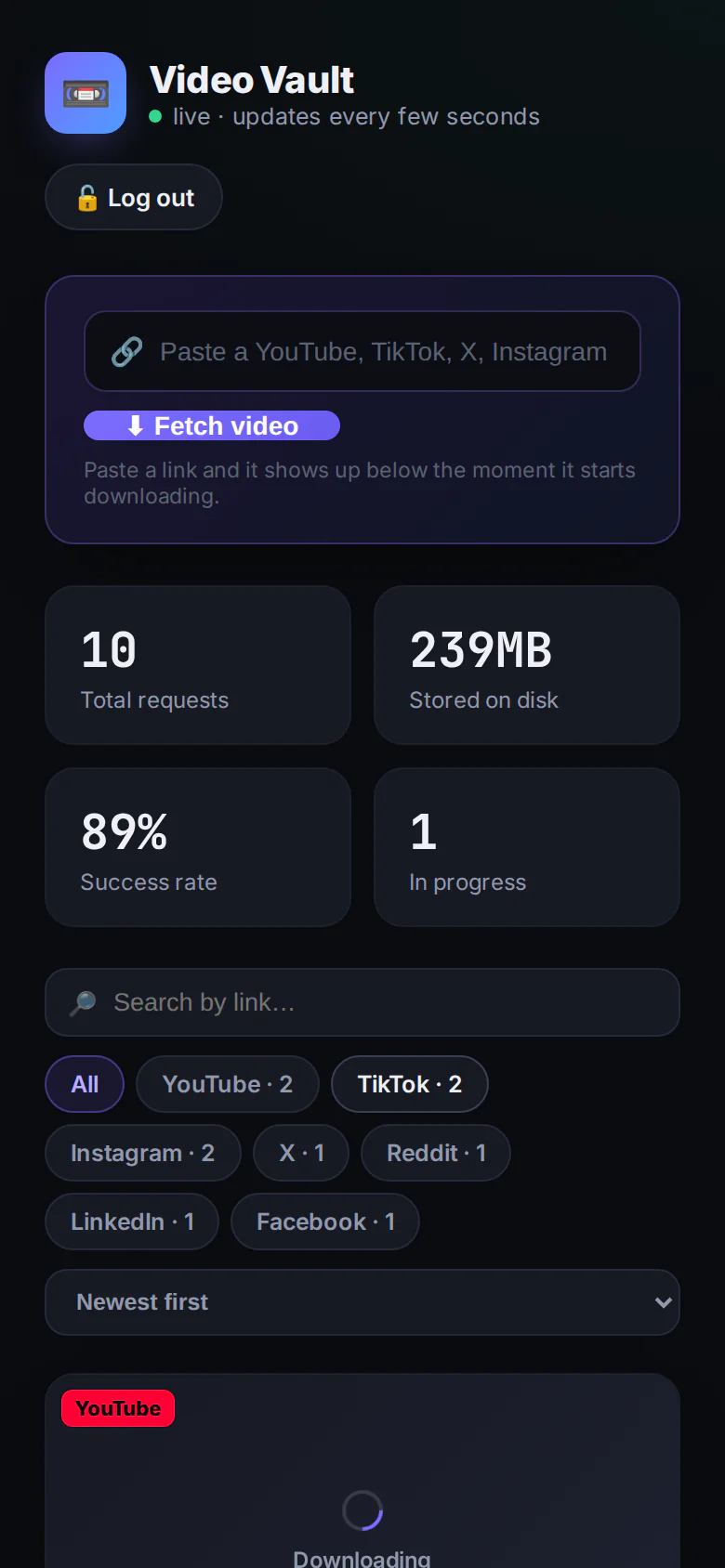 Video Vault on a phone, showing the link bar, stats and platform filters