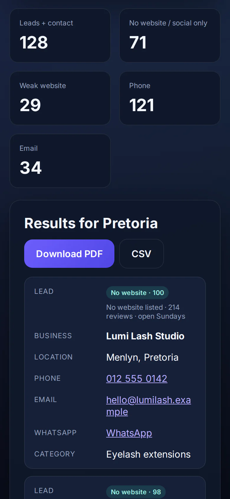 The same lead finder on a phone, showing the lead totals and a ranked lead